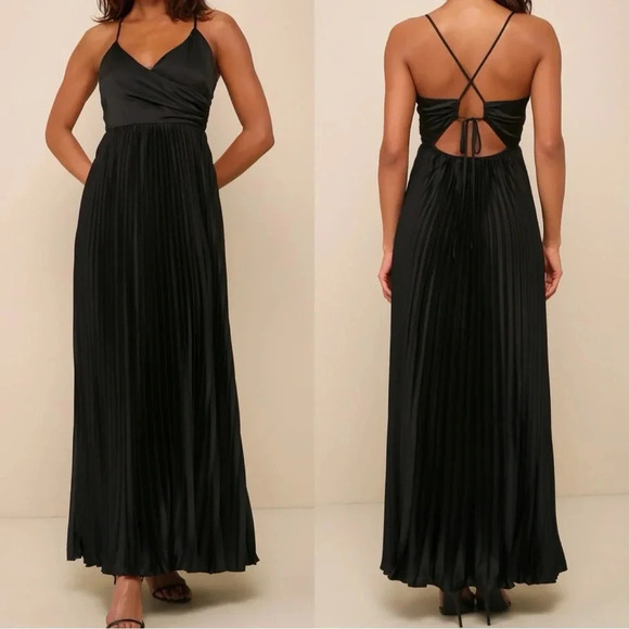 NWOT Lulus Precious Sentiments‎ Black Satin Pleated Tie-Back Maxi Dress - Picture 1 of 8